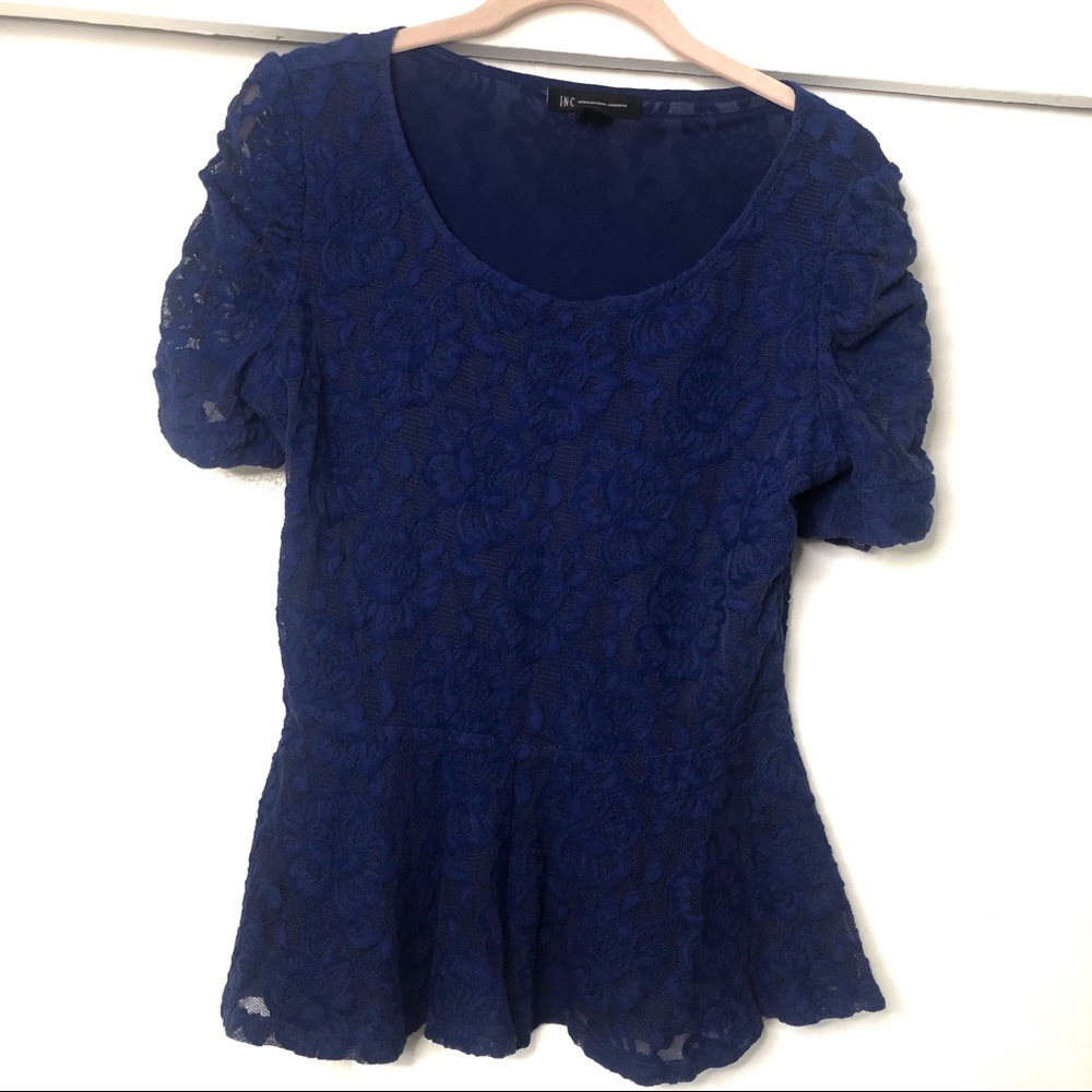 I.N.C. Royal Blue Woman’s Blouse, lace detailing with flowers. Flared out.